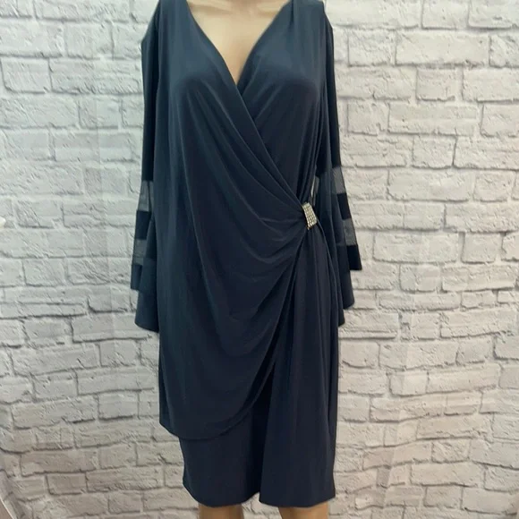 charcoal grey wrap dress Charcoal Solid Deep V Neck Chiffon Bishop Sleeve Mini Dress – PinkBlush main image 0